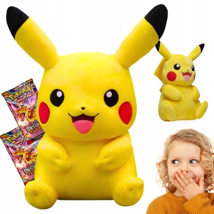 Duża Maskotka Pikachu Pluszak Pikaczu Pokemon Xl 45cm + 20 Kart Obsydi