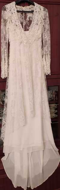 suknia  ślubna,  muślinowa z koronkowym  płaszczykiem