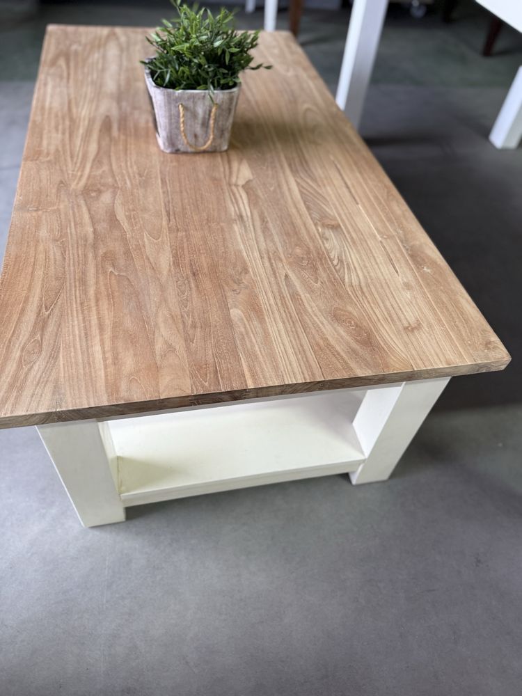 DESIGNERSKI masywny Stolik kawowy duży drewniany tekowy biały mleczny