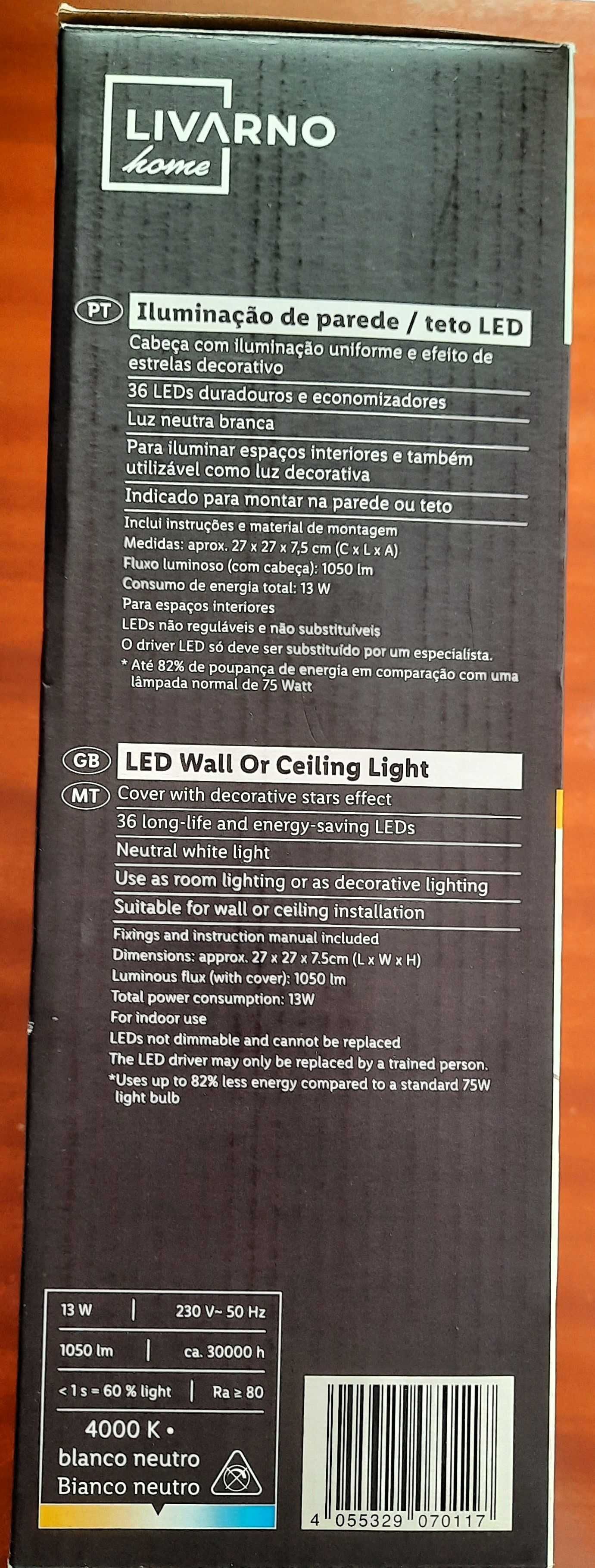 Candeeiro LED teto/parede luz branco neutro efeito céu estrelado