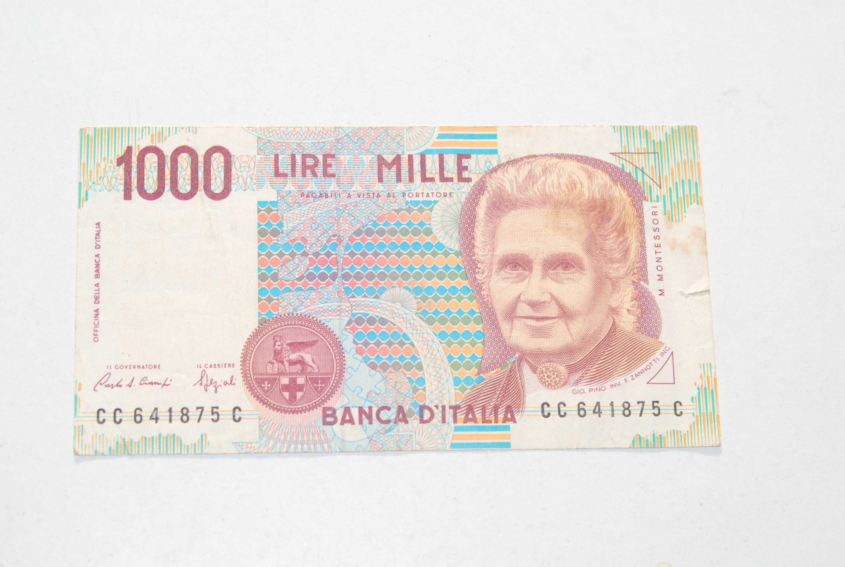 Stary banknot 1000 lire lirów Włochy 1990 antyk