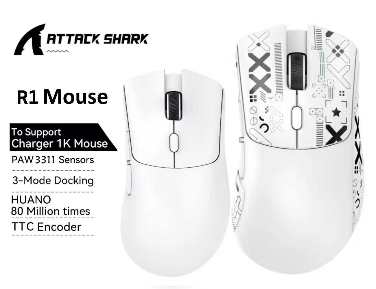 Игровая мышь Attack Shark R1 PAW3311 PixArt 18000DPI BT5.2 White