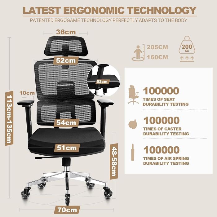MELOKEA Ergonomiczne krzesło 200kg, 4D Regulowane podłokietniki, XXL K