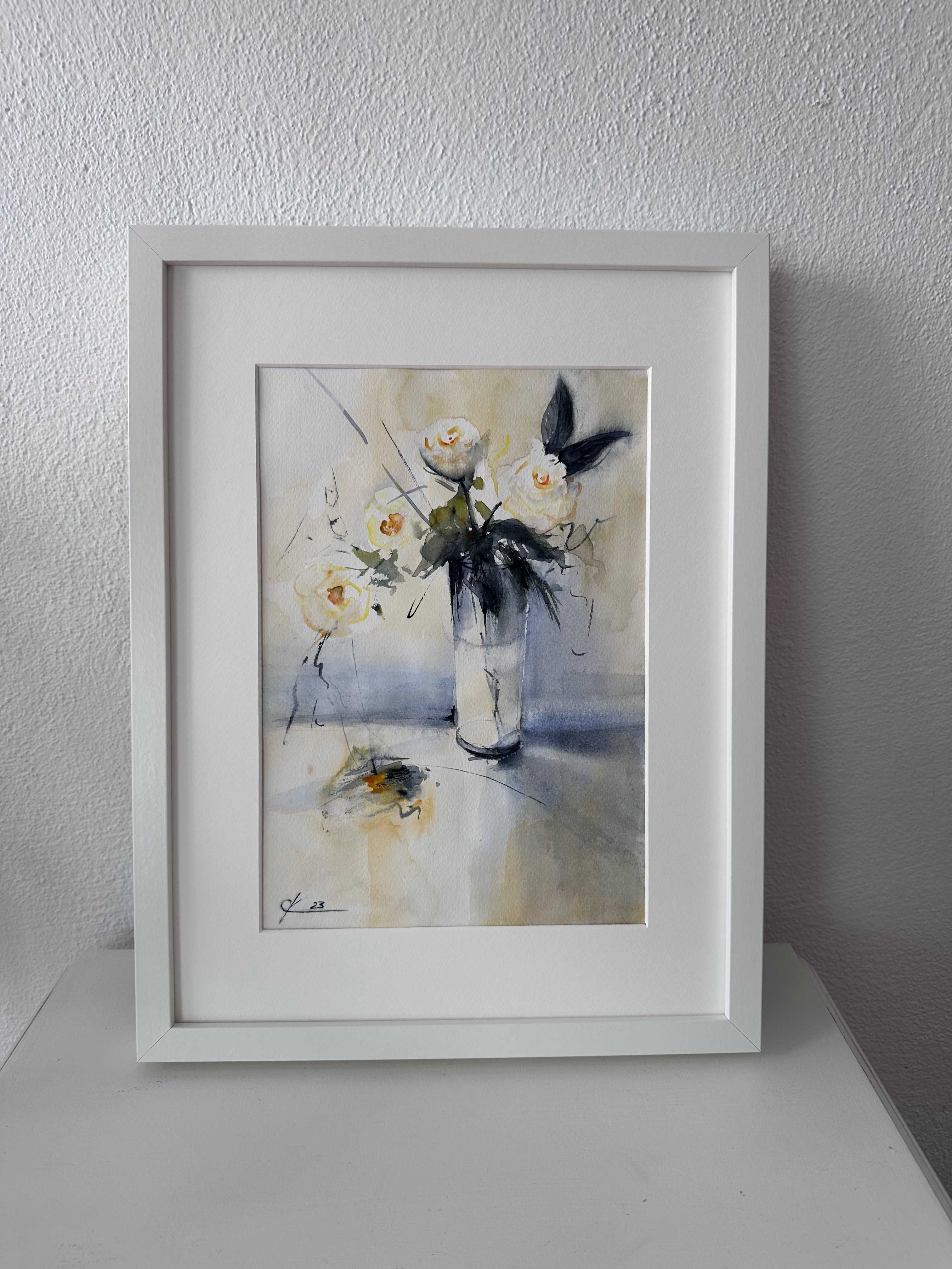 Pintura a aguarela com moldura. Flores/ framed original art, Flowers