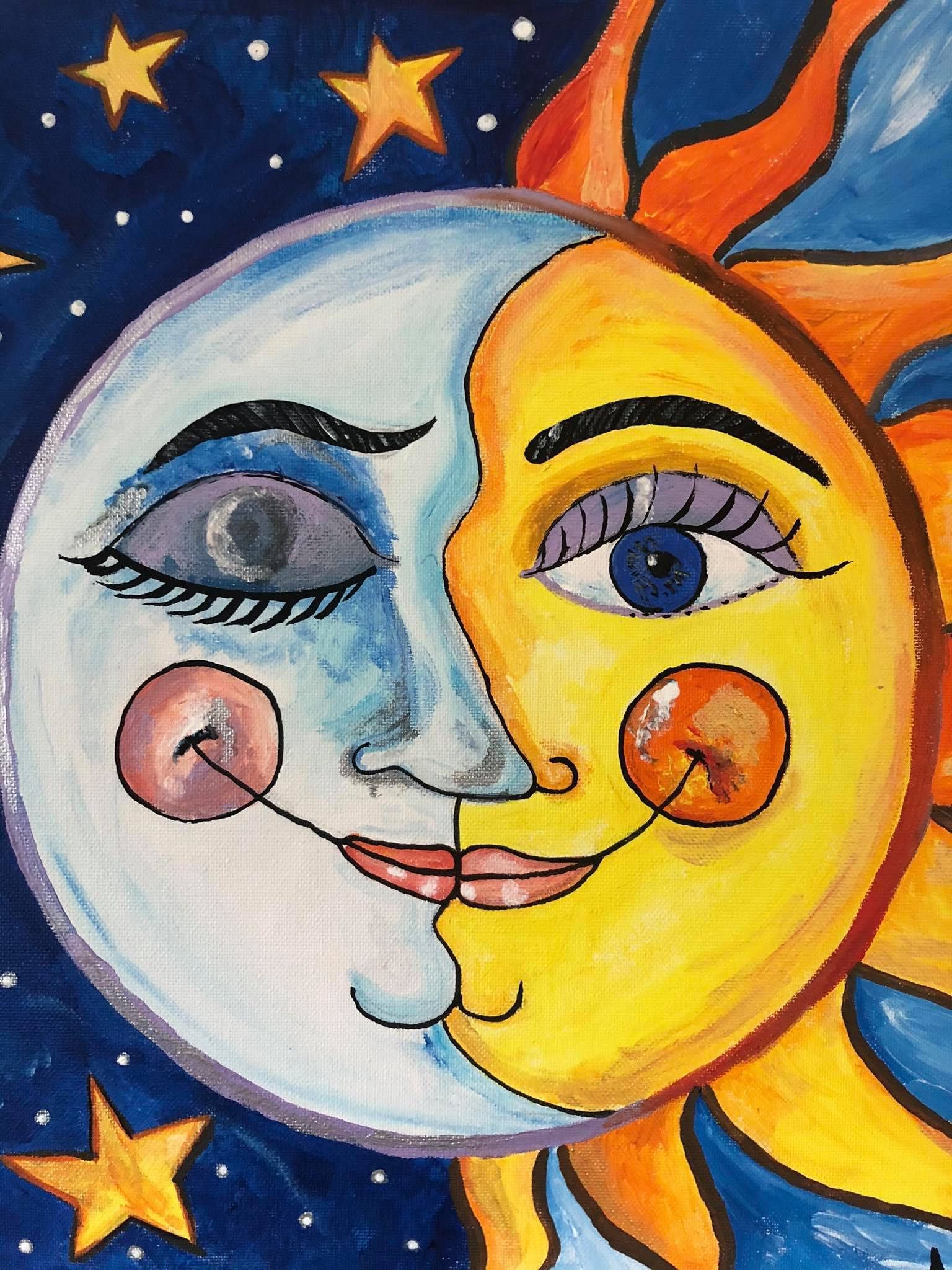Quadro pintura lua e sol