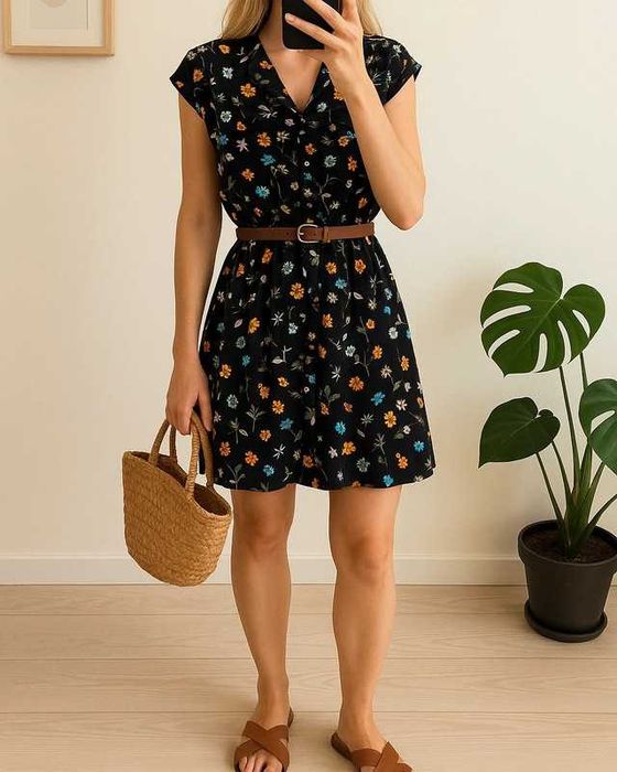 Czarna wiskozowa sukienka mini w kwiaty floral Carry S/M