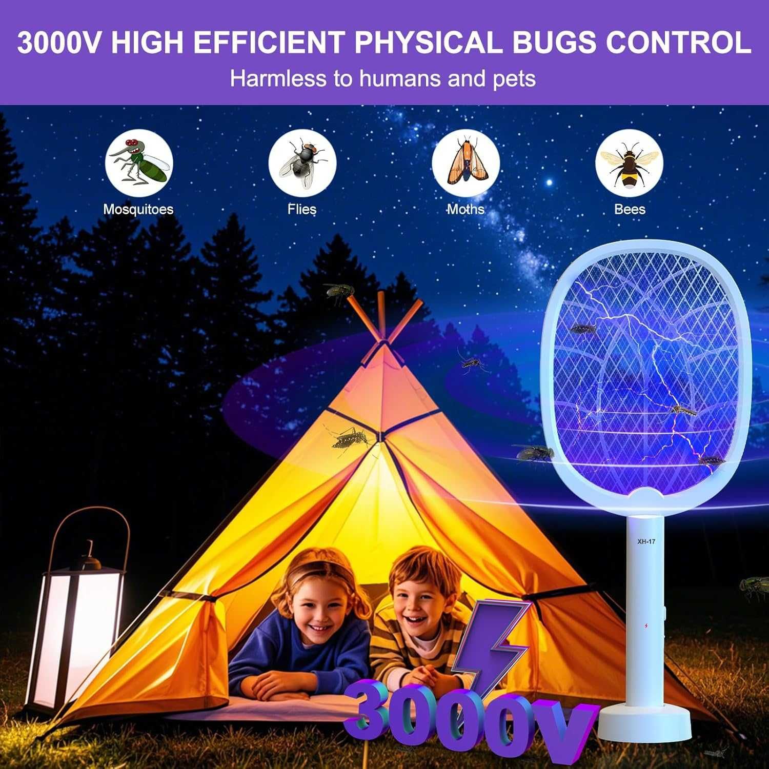 Elektryczna łapka na muchy, ekstra mocna, 3000 V 2 w 1 USB C ładowalna