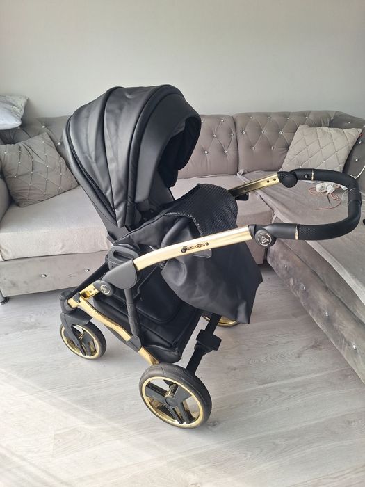 Wozek 3w1 4w1 Junama diamond fluo line  V2 czarny czarno zloty ekoskór