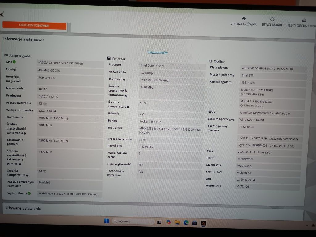 Zestaw komputerowy i7-3770, GTX 1650 Super, 16GB RAM, 240GB SSD + 1TB