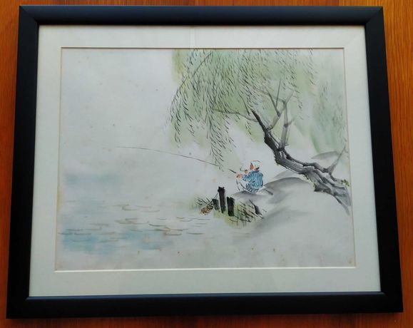 Pintura Original de Pincelada Zen "Fisherman Under Willow Tree"