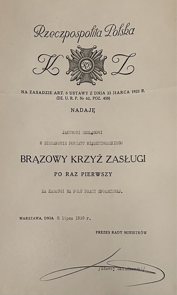 II RP Dyplom - nadanie na Brązowy Krzyż Zasługi 1939 r. J. Szeląg