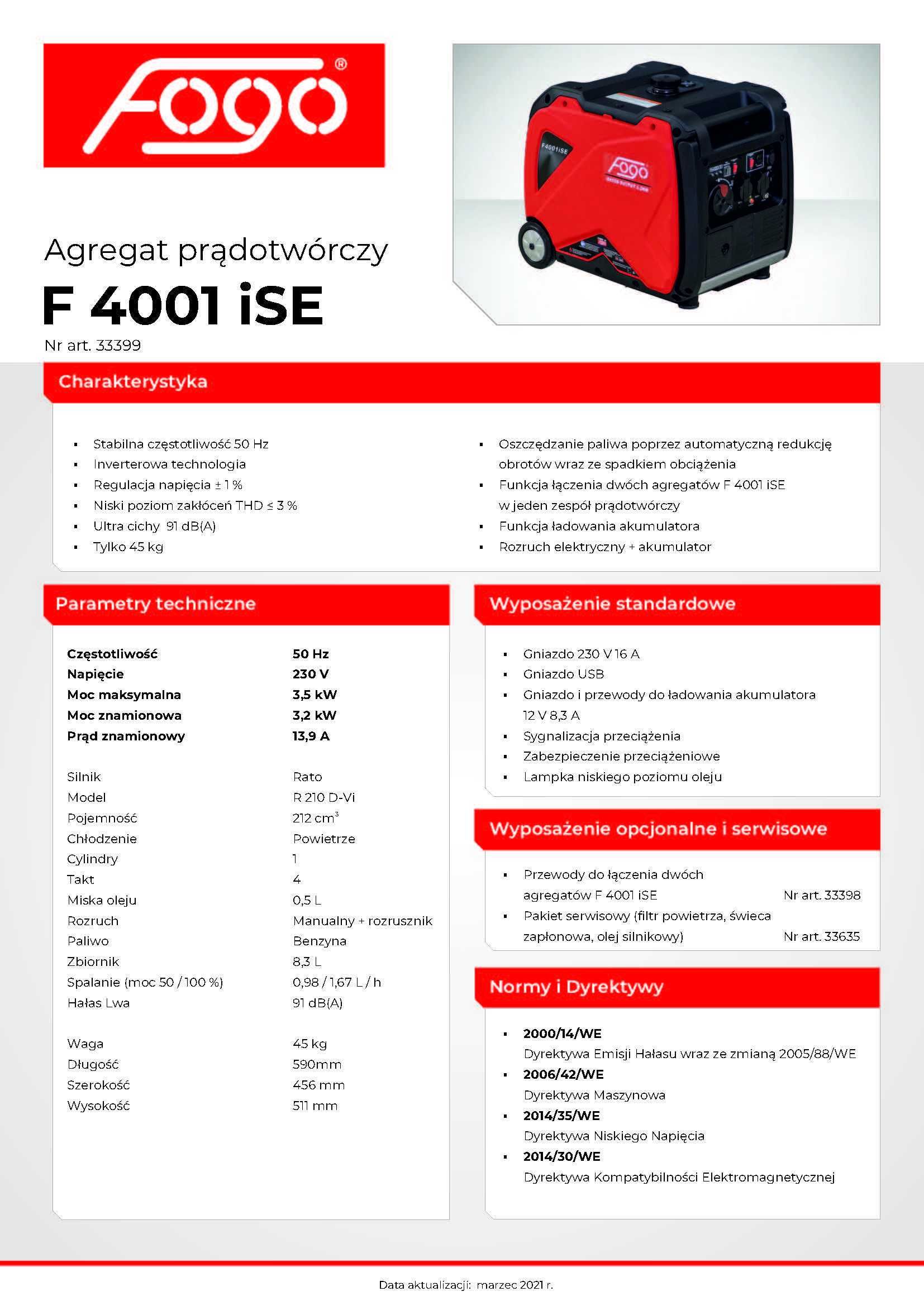 Agregat prądotwórczy inwerterowy Fogo F4001 iSE 3,5 kW
