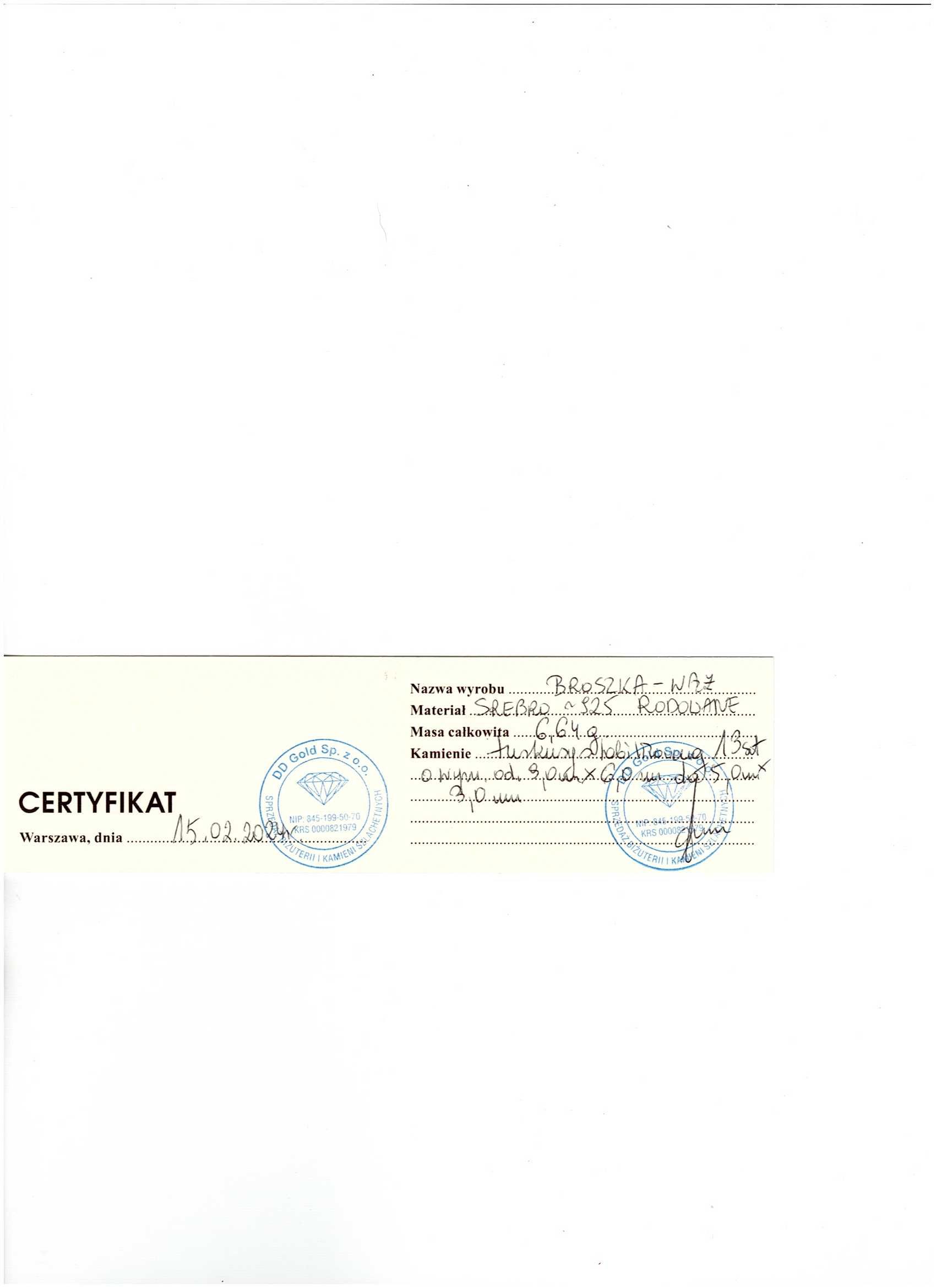 Broszka wąż srebro 925 turkusy certyfikat