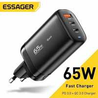 Швидкий зарядний пристрій Essager 65W Gan  (2 USB-C+1 USB-A) Black