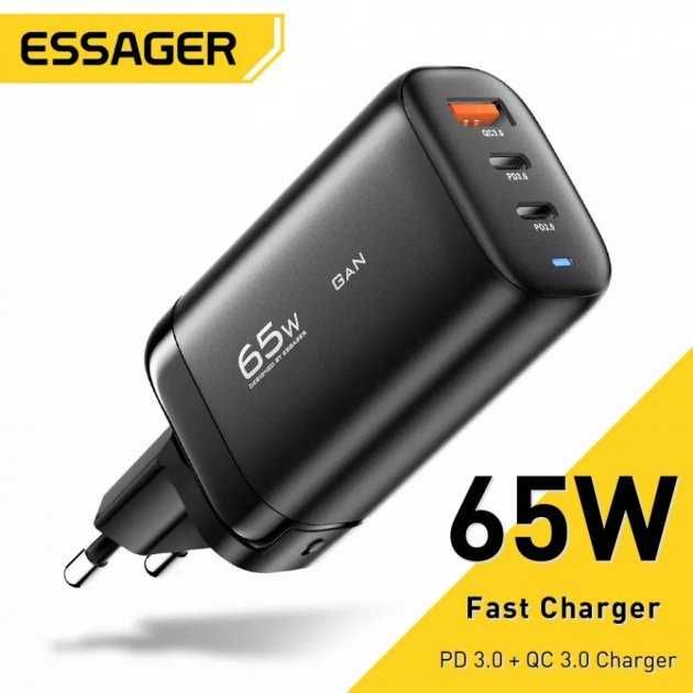 Швидкий зарядний пристрій Essager 65W Gan  (2 USB-C+1 USB-A) Black