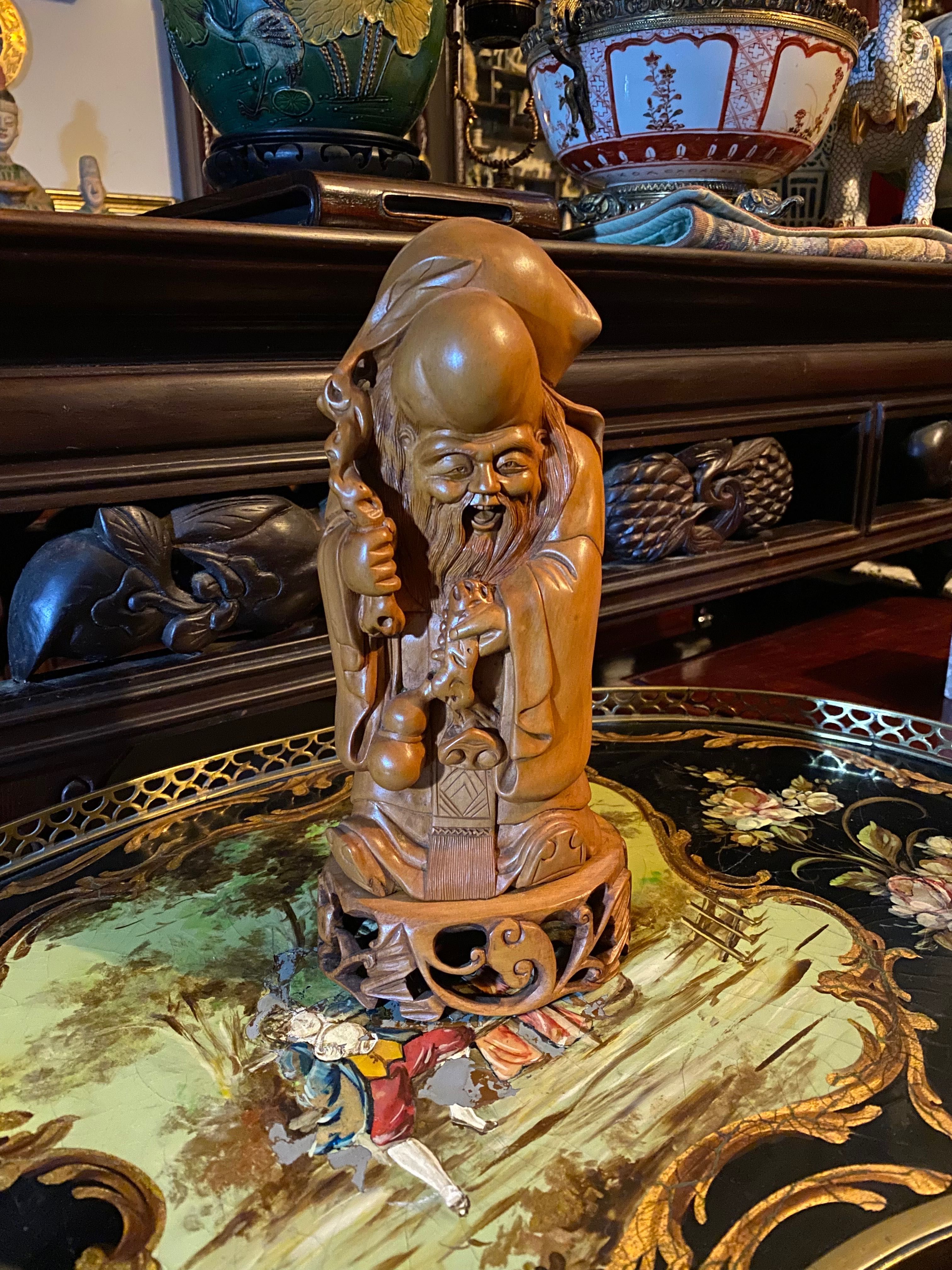 Escultura Buda Divindade Madeira exótica Buxo Antiga China  29 cm