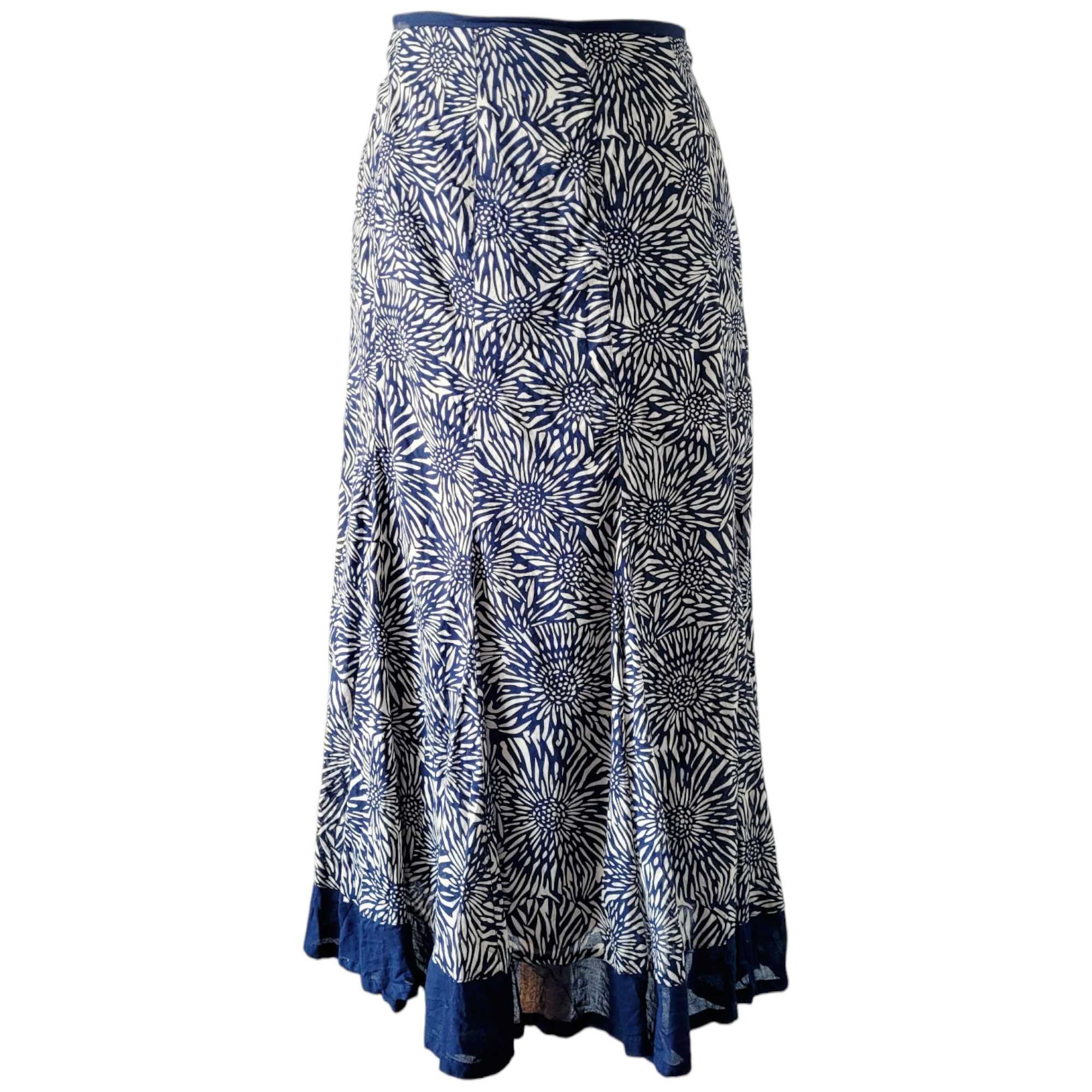 Granatowa rozkloszowana długa bawełniana spódnica M maxi kwiaty boho