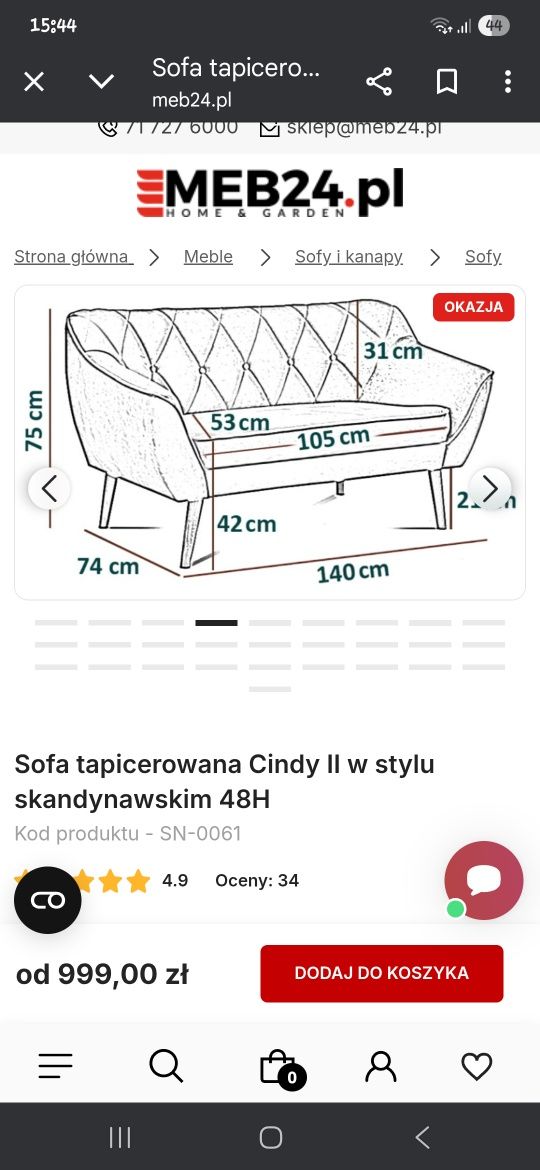 Sofa pikowana welurowa