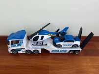 Camião de transporte da polícia com helicóptero e carro
