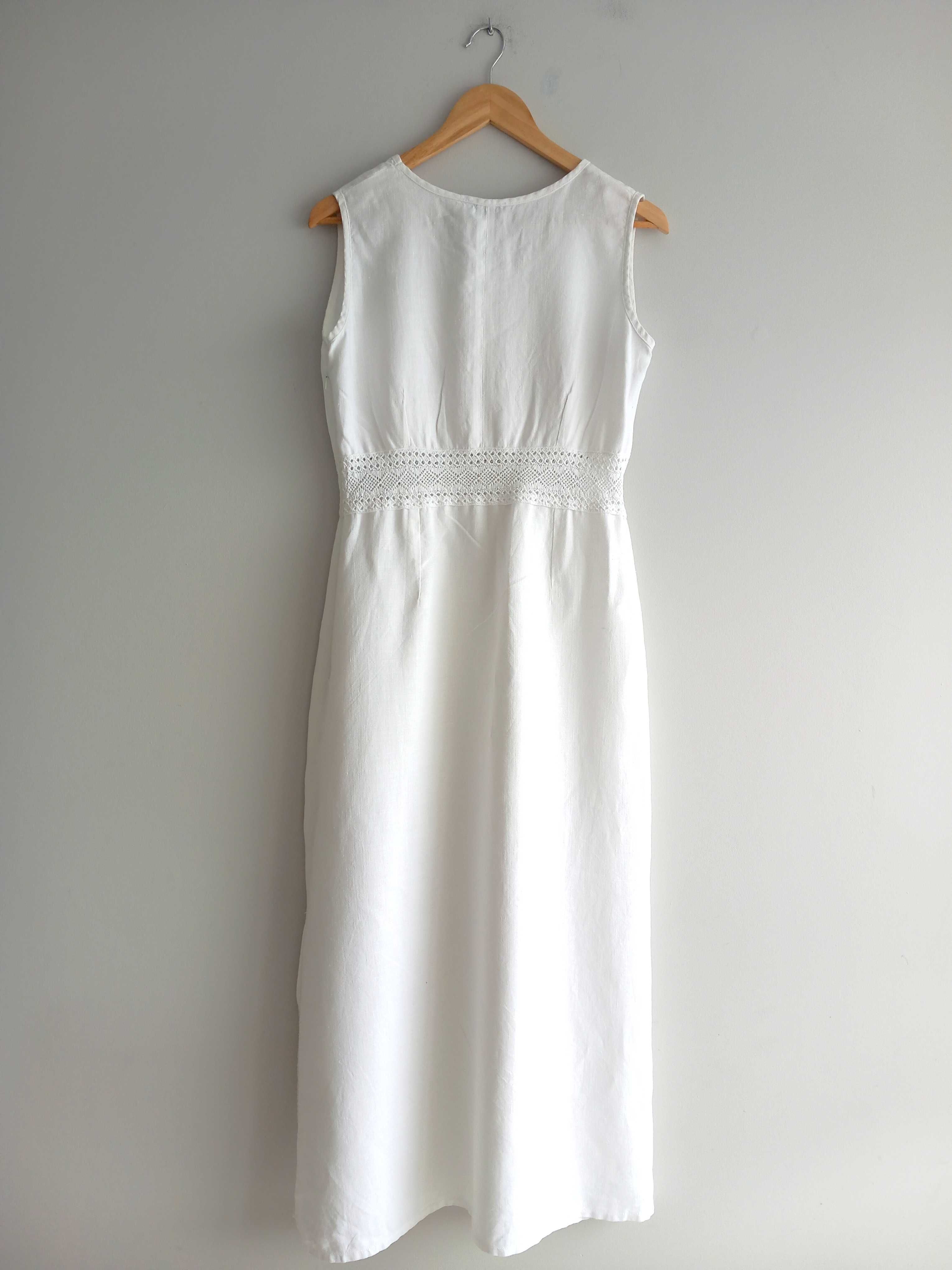 Długa biała lniana sukienka boho maxi
