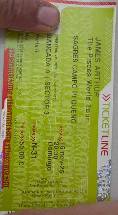 Vendo Bilhete JAMES ARTHUR para dia 16.11.2025