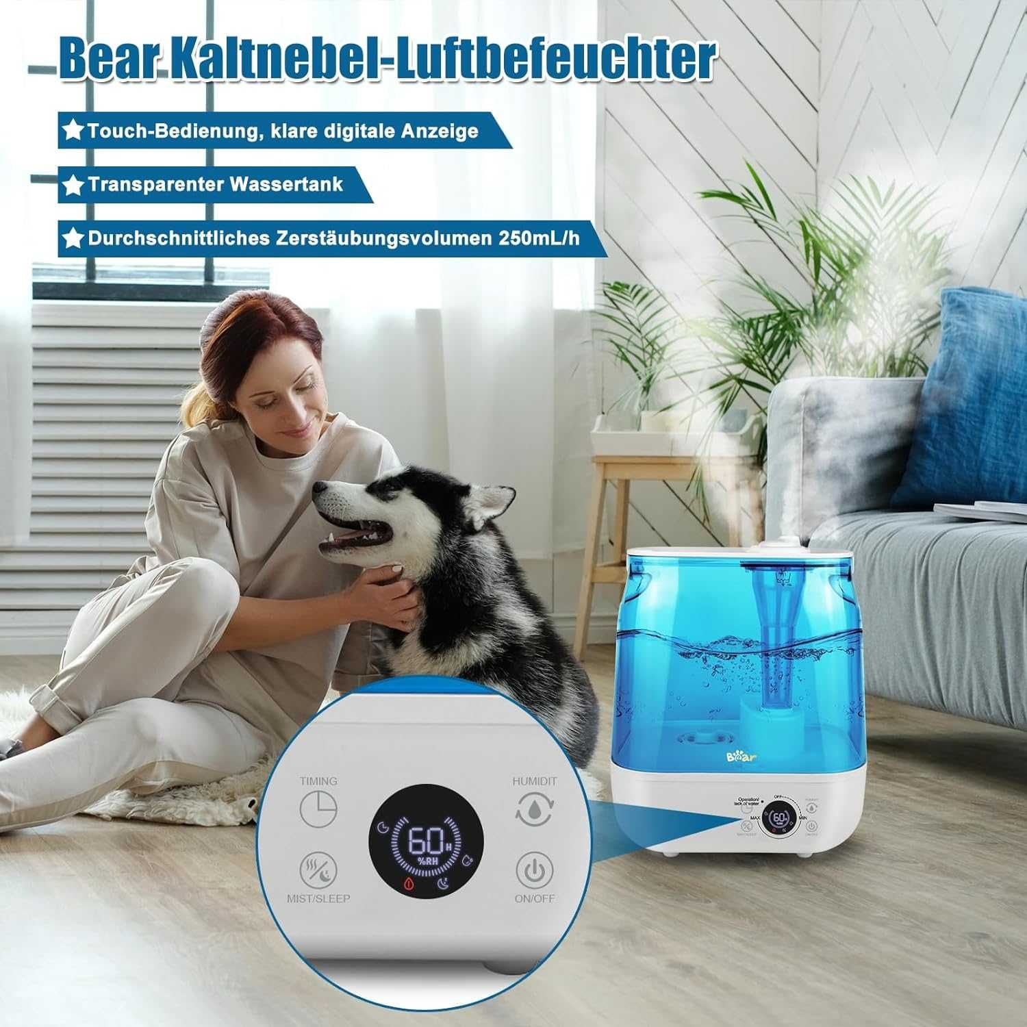 Nawilżacz Bear 6 l Nawilżacz od góry, timer, tryb uśpienia