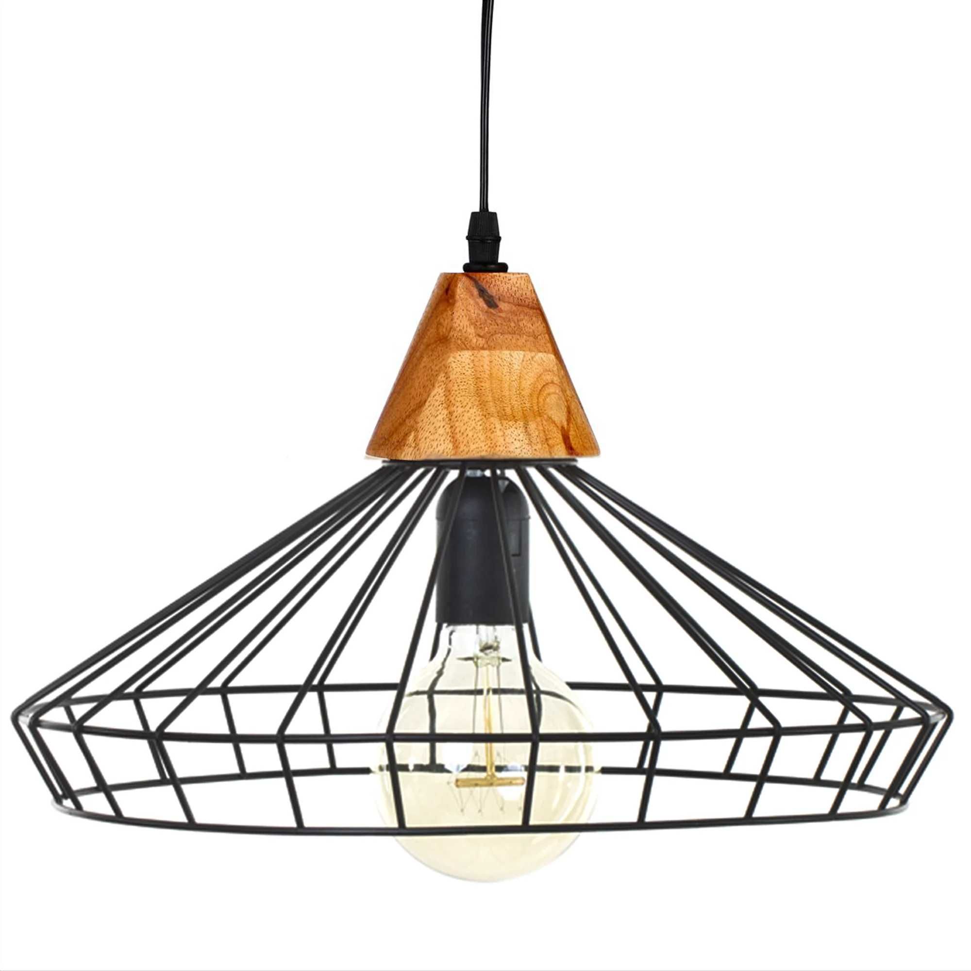 Candeeiro de teto preto em metal e madeira c/ lâmpada decorativa