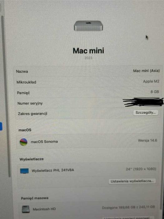 Mac Mini M2 2023 8GB RAM 256GB SSD, na gwarancji