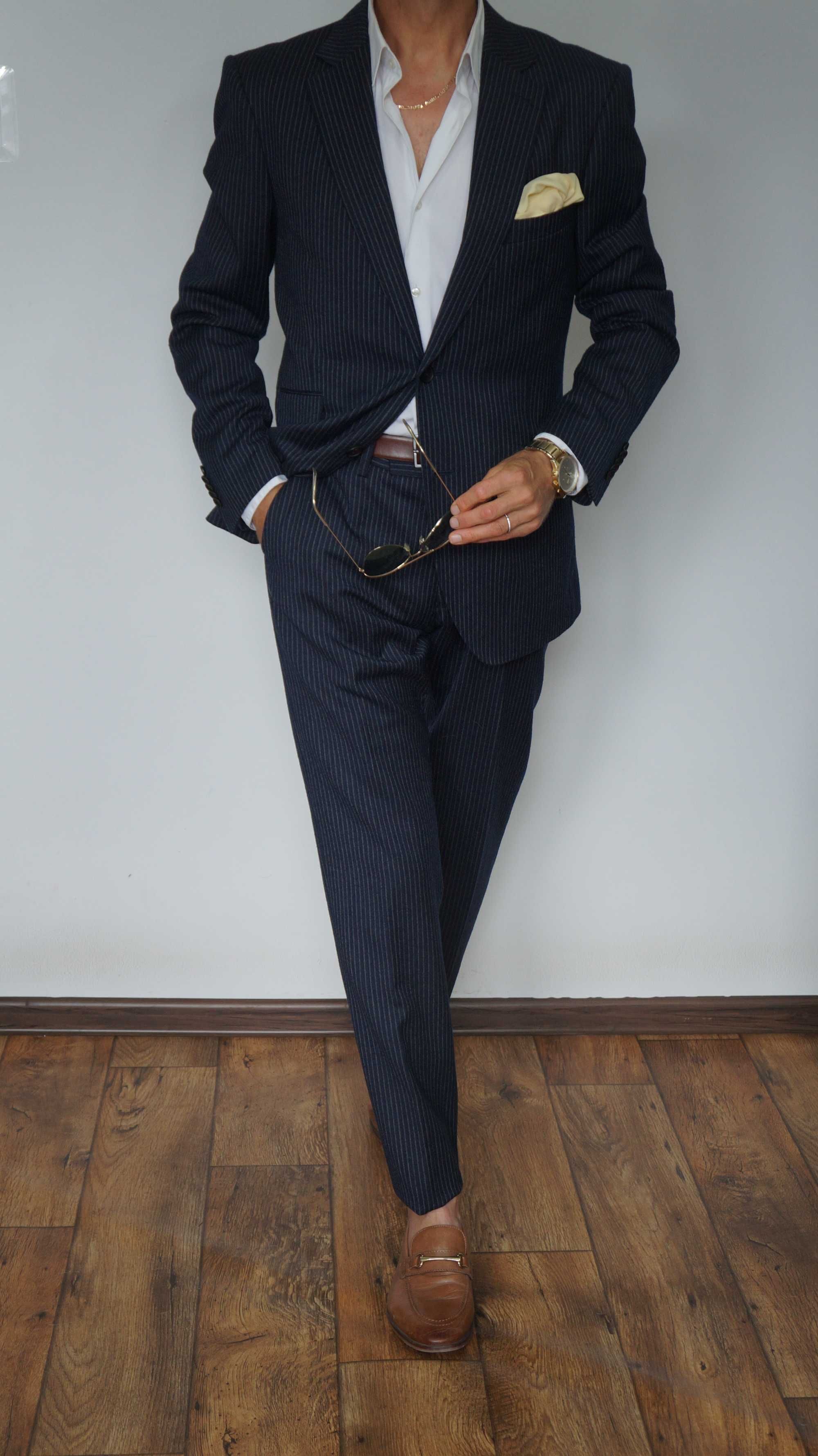 Garnitur The Tailoring Club Wełna Rozmiar 50 Kolor Granatowy Prążki