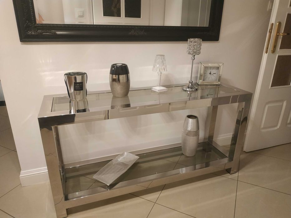 Elegancka konsola szafka RTV szkło i chrom dwa poziomy 140x40x70 LUXUS