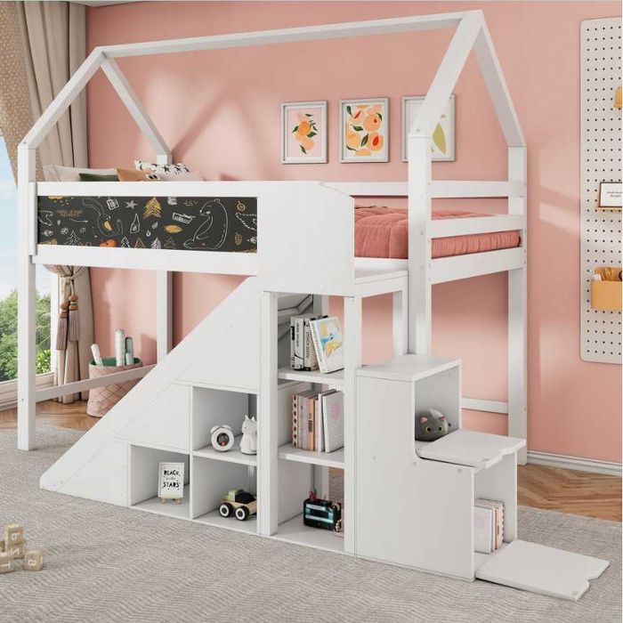 Łóżko piętrowe Merax 90 × 200 cm – ze schodami i zjeżdżalnią