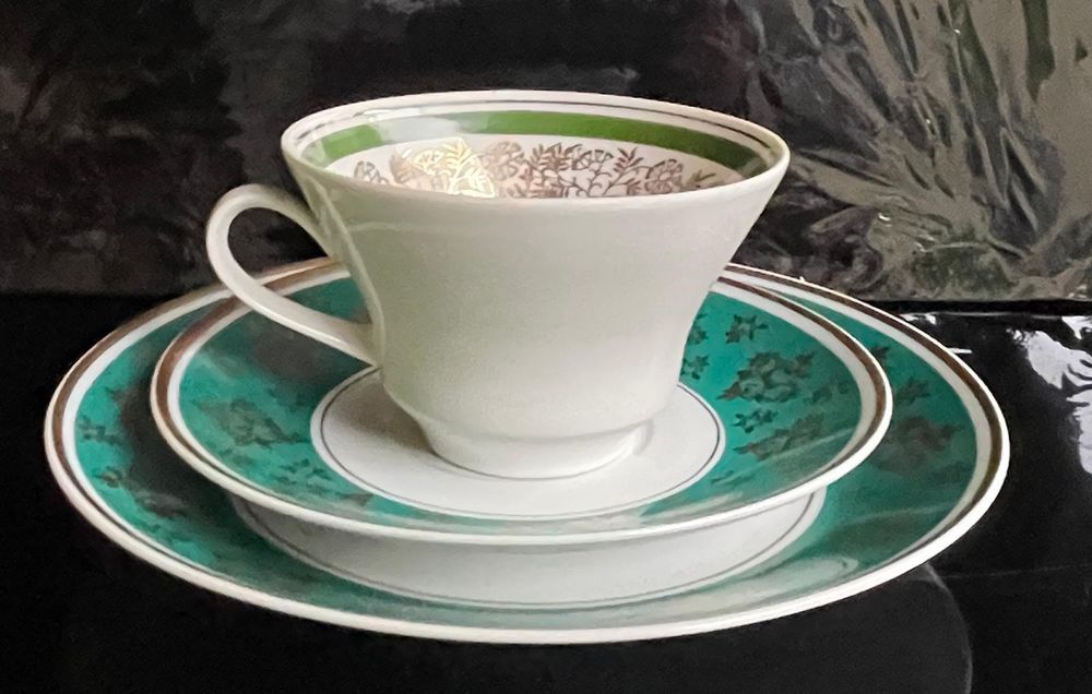 Stara porcelana zestaw śniadaniowy TRIO złoto zieleń