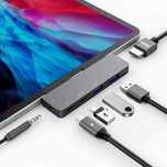 Hub, Adapter USB-C 6w1 z HDMI 4K, audio 3.5mm, 2x USB 3.0, PD i SD