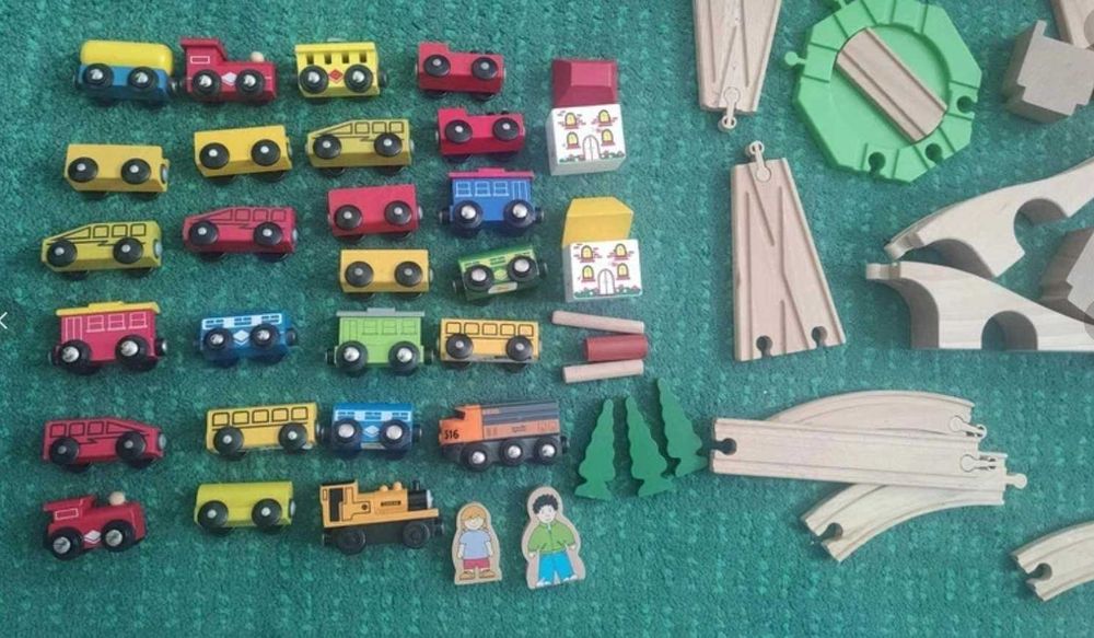 WIELKI zestaw pociągów i torów DREWNIANYCH, LOKOMOTYWY Tomek Ikea i in