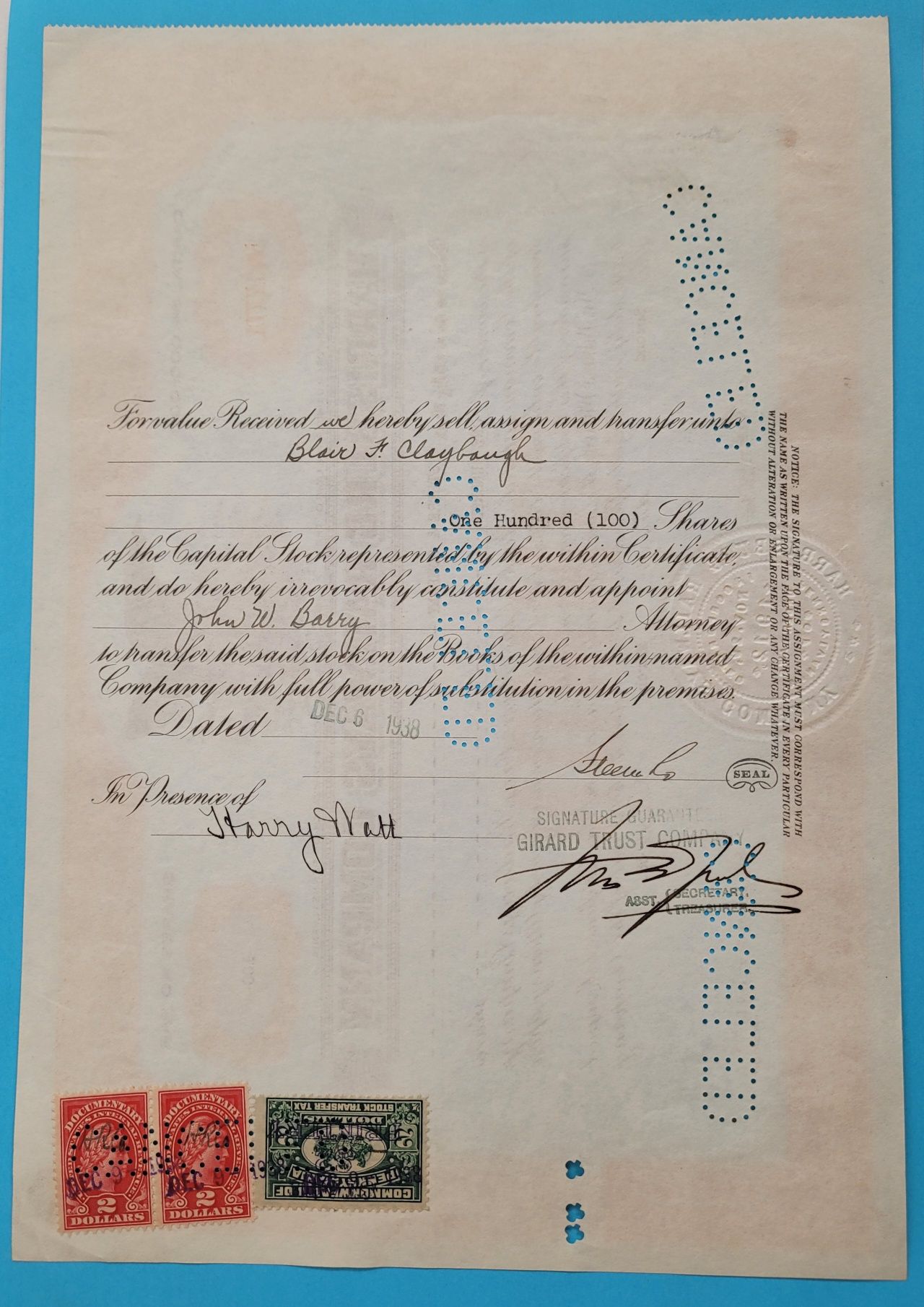 Certyfikat akcyjny Harrisburg Railways Company.