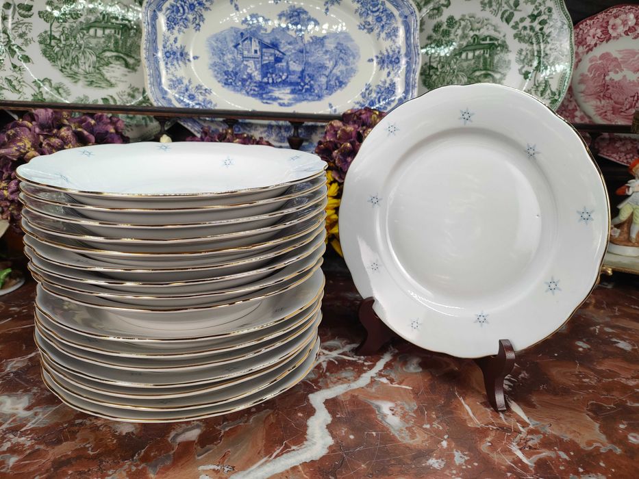 Złocone talerze obiadowe płaskie oraz głębokie - 8 + 9 sztuk - Colditz