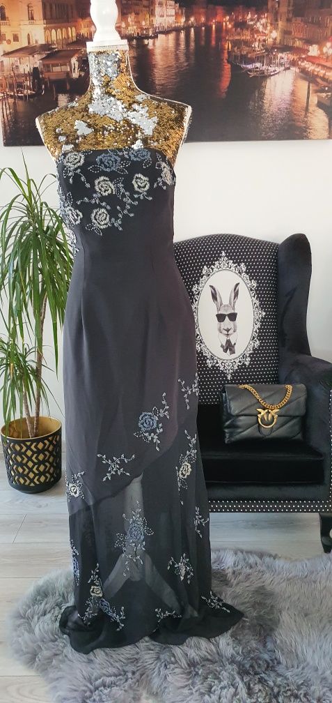 Śliczna sukienka czarna długa impreza rozmiar m 38 ozdoby