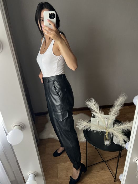 Zara зара еко шкіра кожані шкіряні штани брюки висока посадка
