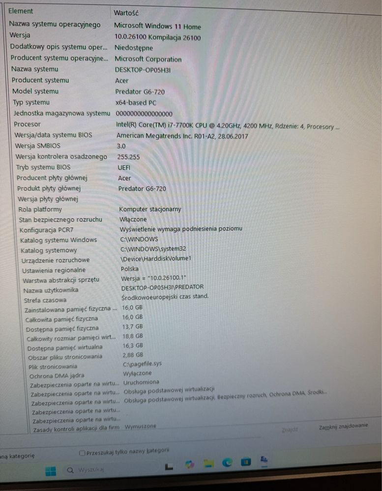Gamingowy Acer Predator i7 16GB Ram dysk 500GB zestaw klawiatura mysz
