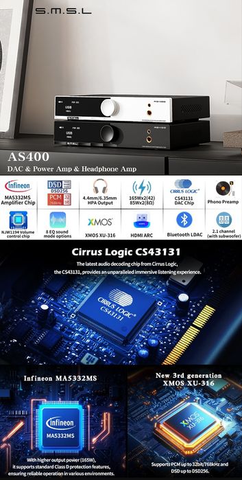 Wzmacniacz stereo DAC 2.1 S.M.S.L AS400 HDMI ARC BT LDAC 2x165W