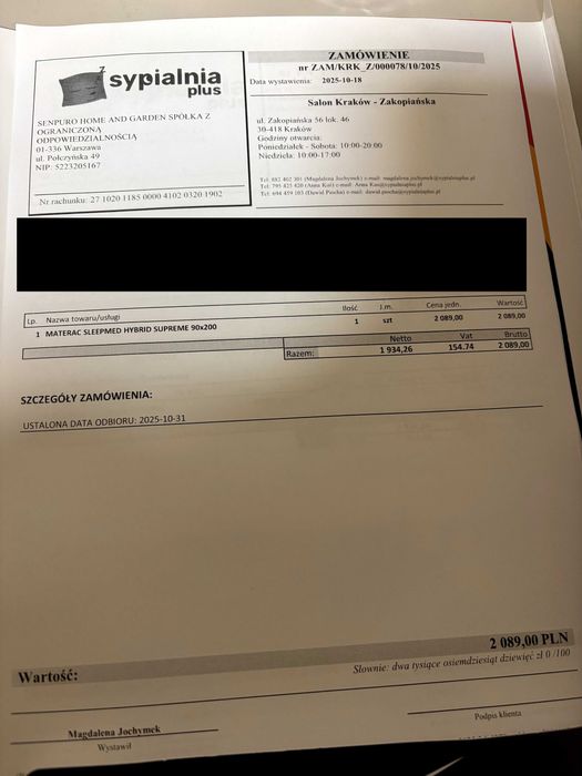 Materac SleepMed Hybrid Supreme (używany 5 dni]