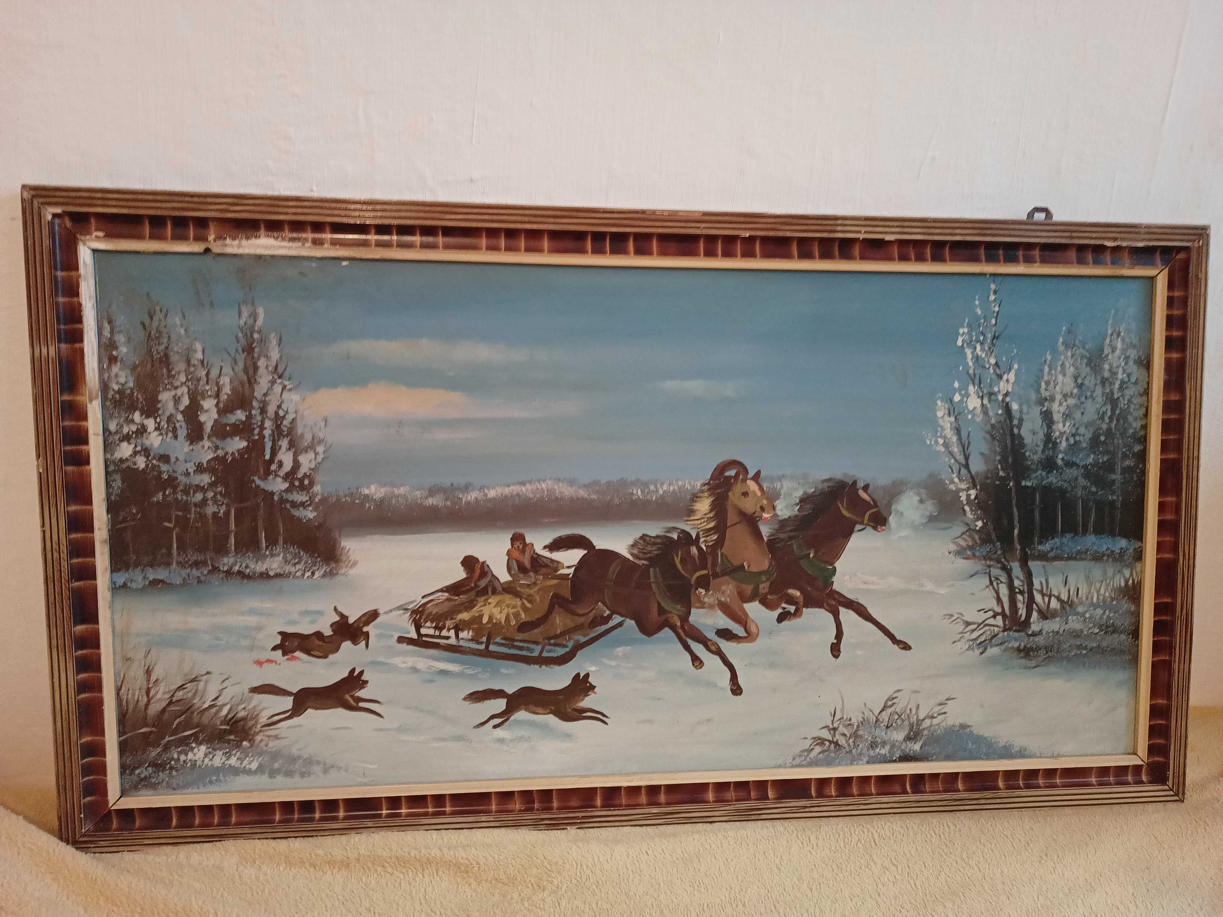 Stary obraz ręcznie malowany Atak wilków