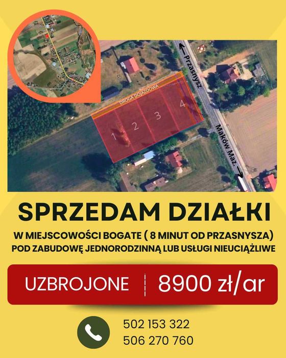 Sprzedam działkę 8,75 ara Bogate (8 min od P-sz) OSTATNIA W TEJ CENIE