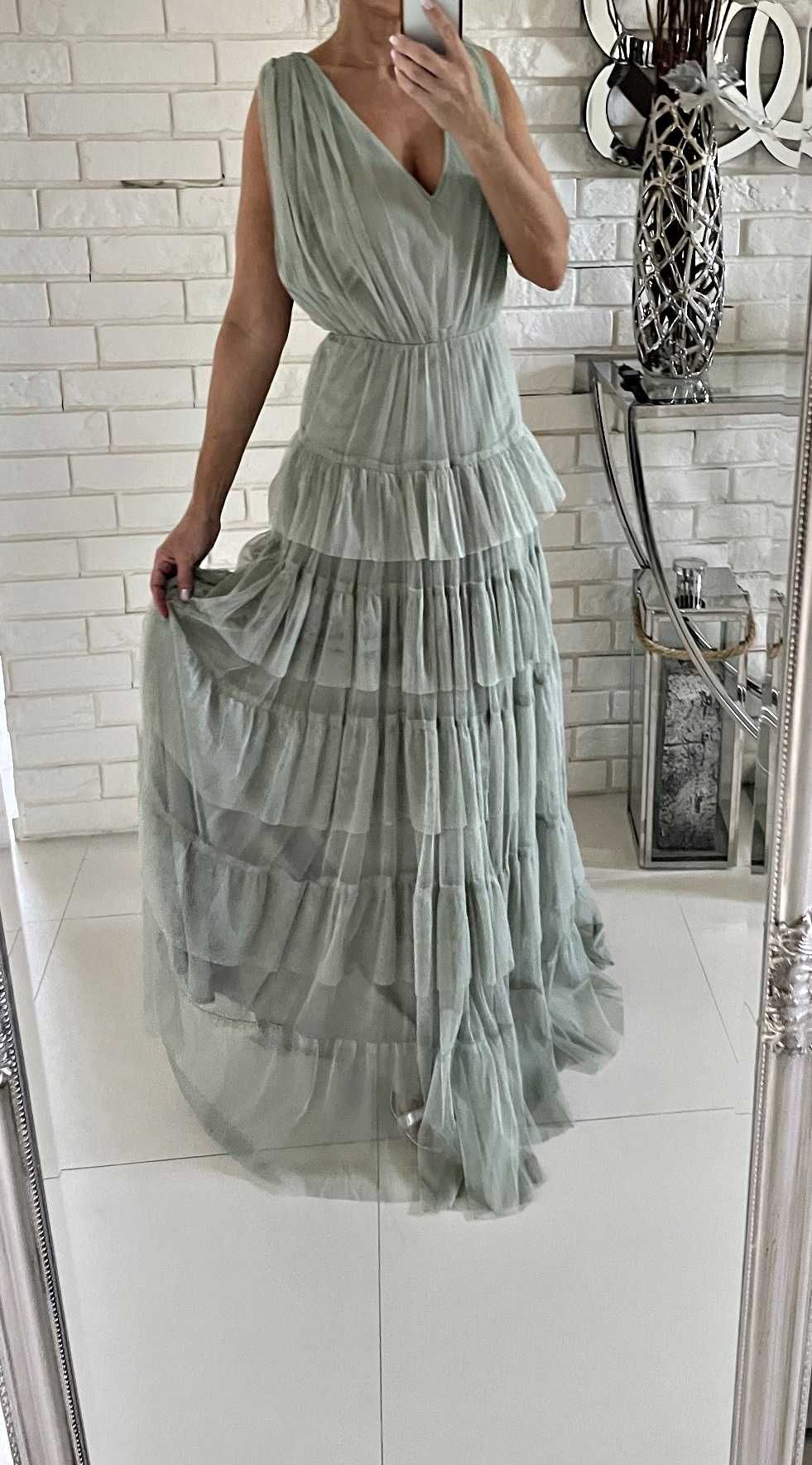 Sukienka maxi tiulowa falbany 42 44 wesel ślub Zalando asos