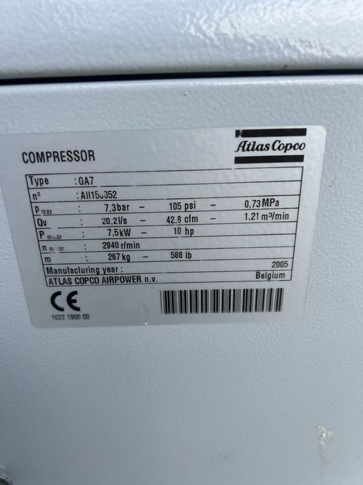 Kompresor śrubowy  ATLAS COPCO GA7 FF 7.5kw Z OSUSZACZEM