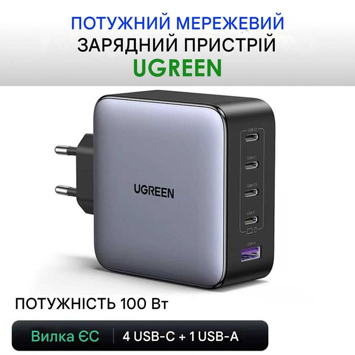 UGREEN 65W/100W GaN зарядний пристрій, 3–5 портів USB-C + USB-A