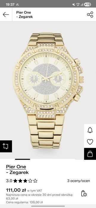 zegarek analogowy, złota bransoleta