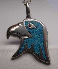 Navajo srebrna zawieszka głowa orła turkusowa mozaika.