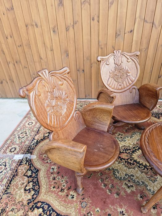 Rzeźbione  fotele 4 szt + stolik orzech orient wypoczynek #1592 Węgrów