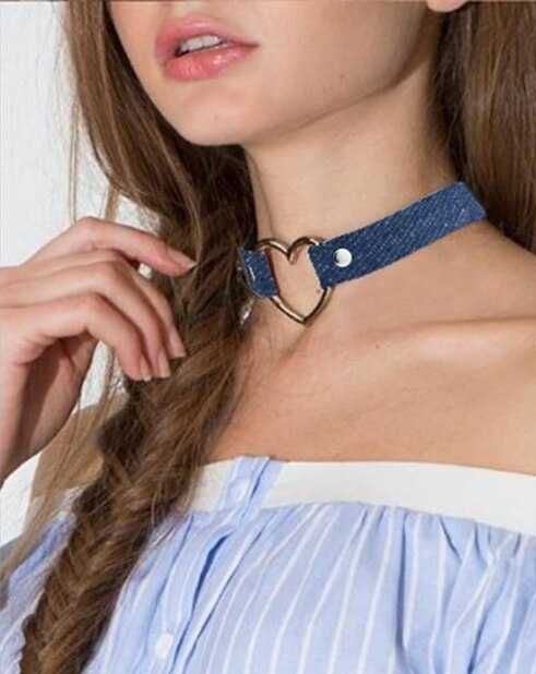 Choker Denim Jeans Klamra Serce Naszyjnik